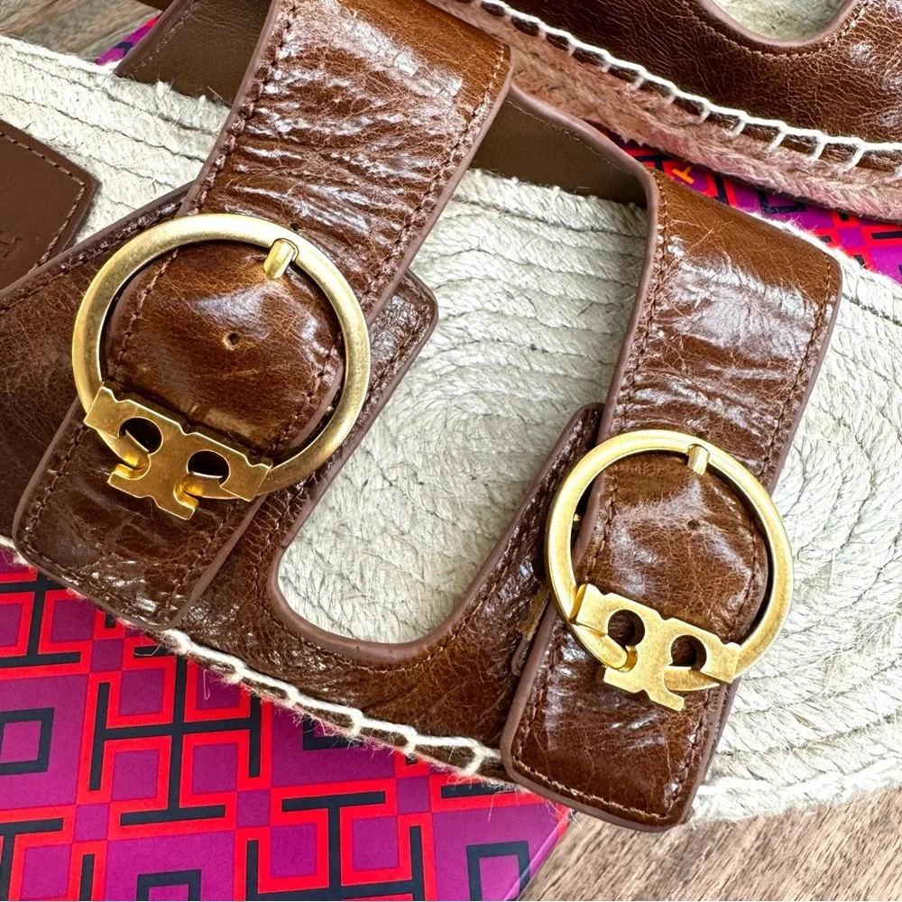 Tory Burch Selby Two Band Espadrille Slide Sandal Waxy Napa Leather Syru…